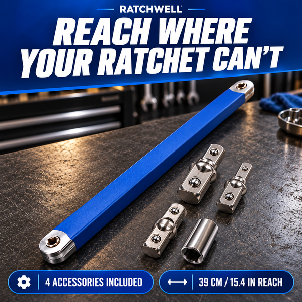 Ratchwell long blue offset wrench set: Reach where your ratchet cannot, four accessories included, 39 cm reach