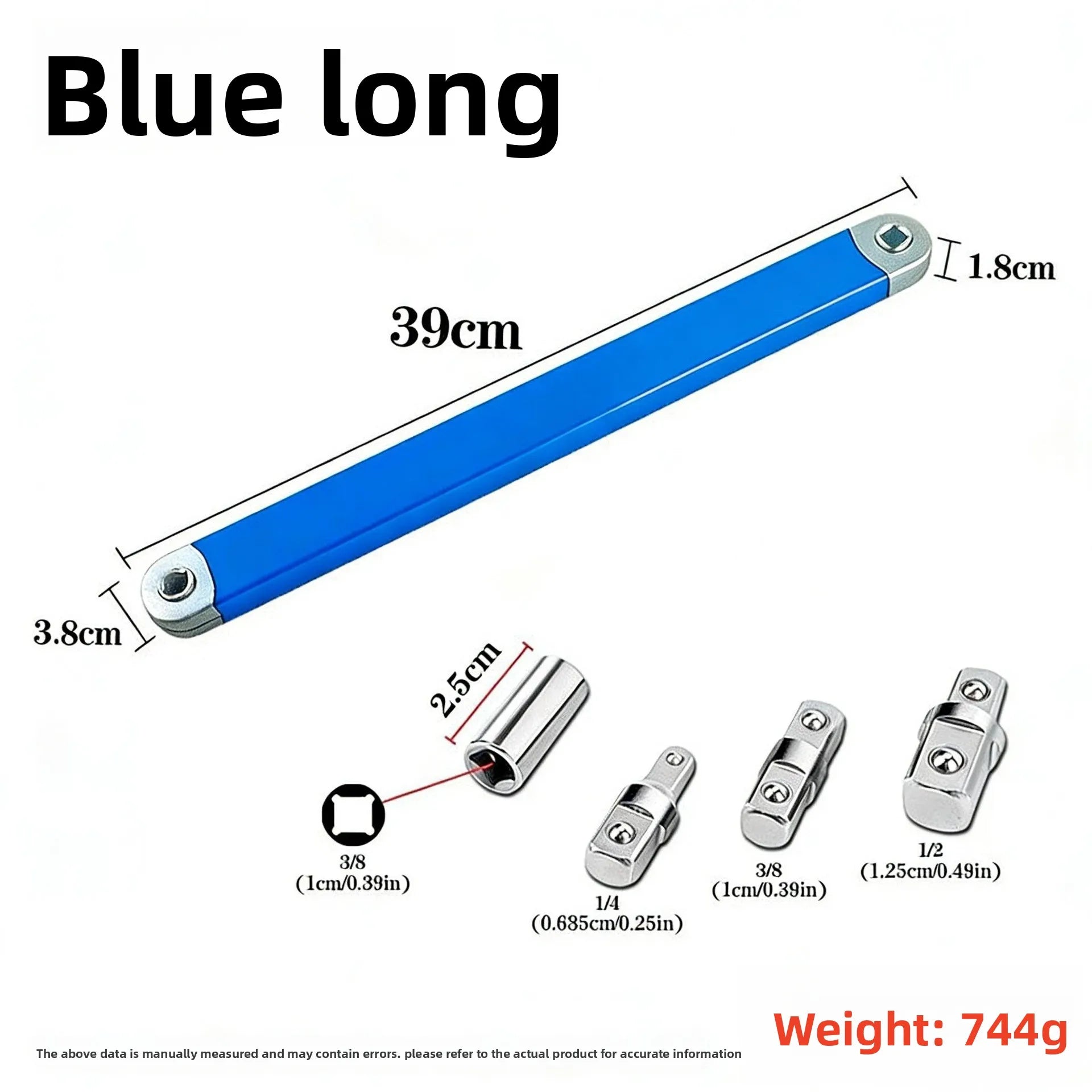 TeemDrop long blue wrench drawing: 390 mm length, 38 mm width, 18 mm body thickness; 1/4, 3/8 and 1/2 inch adapter labels; 25 mm connector socket