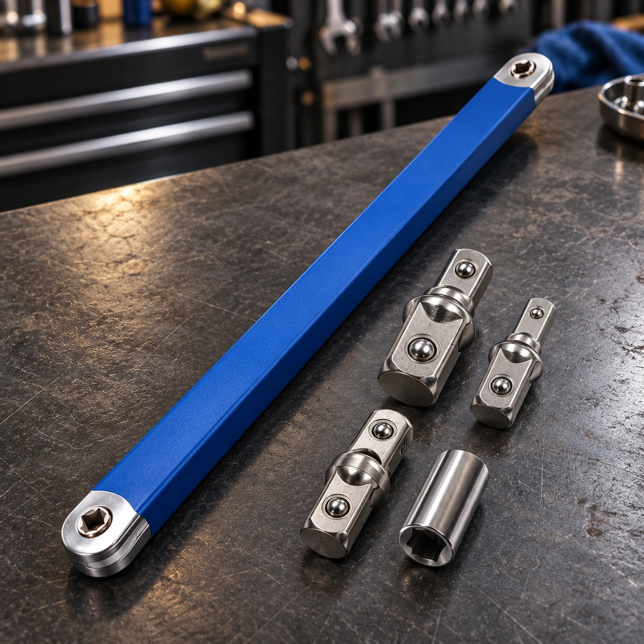 Complete blue Ratchwell wrench set on the workshop bench